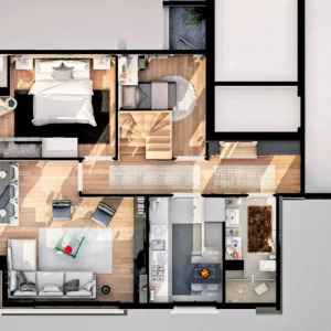 Top-down 3D apartment floor plan with furniture