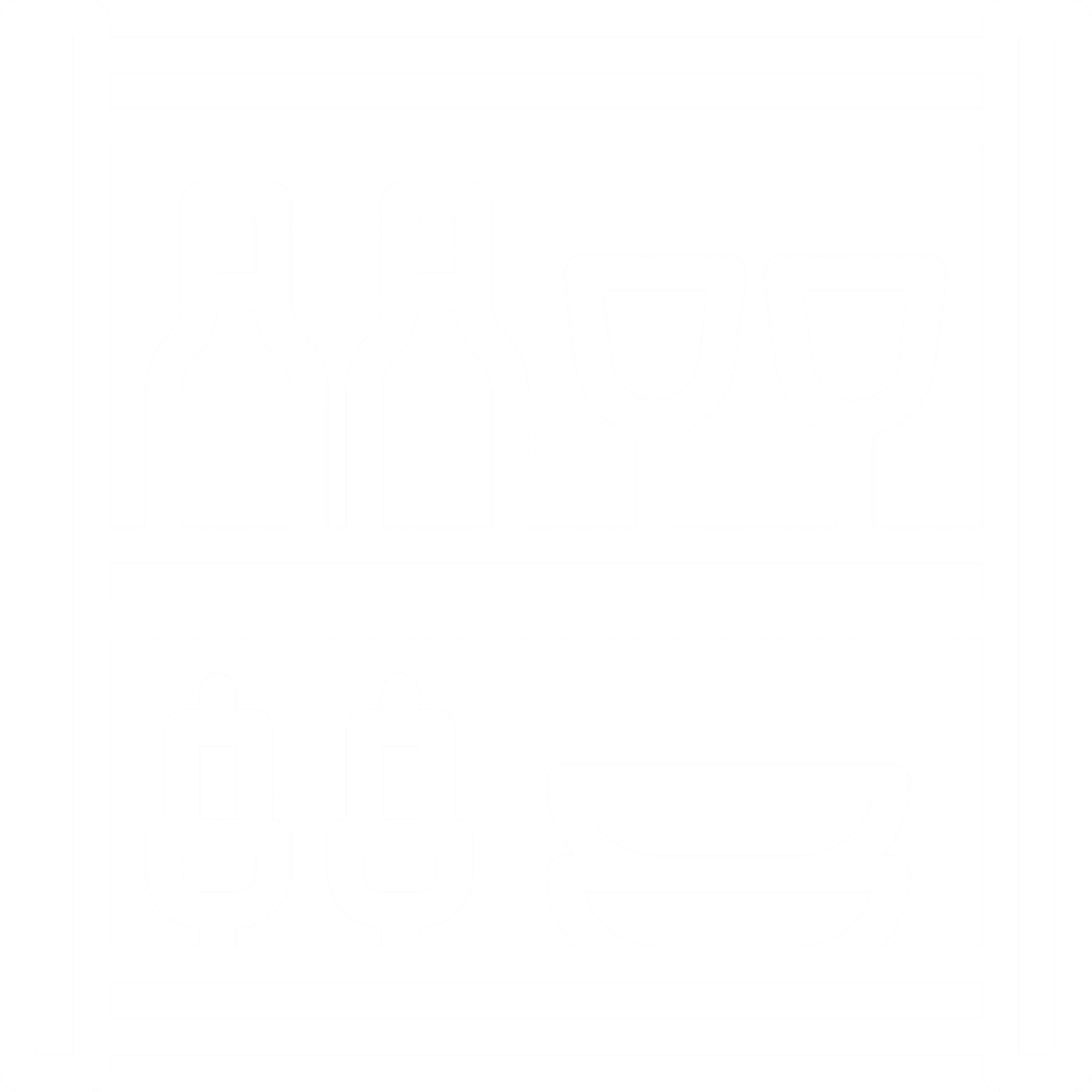 Shelf with bottles, wine glasses, plates