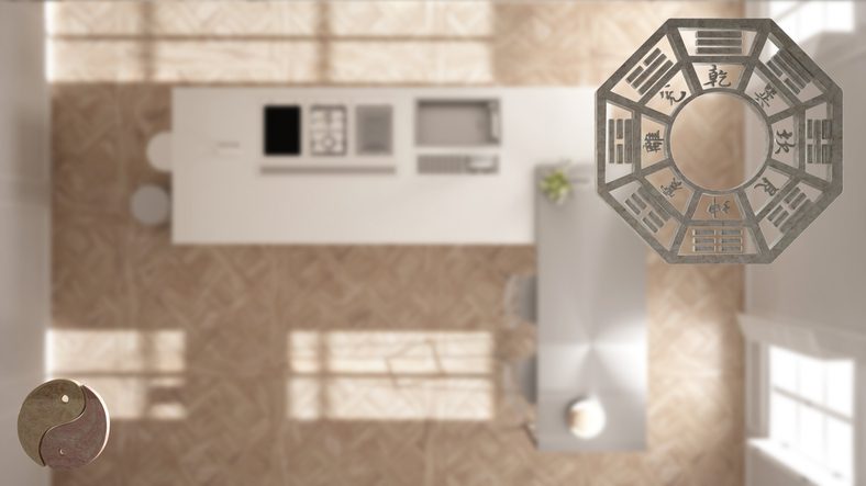 Top-down modern kitchen with feng shui mirror