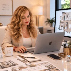 Woman working on laptop in a stylish office.